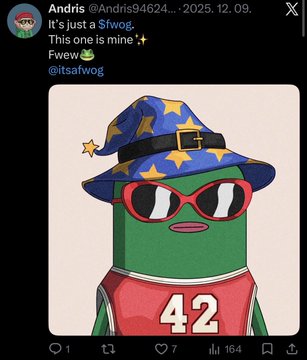 A tweet from @Andris94624 showcases a digital drawing of a green frog character wearing a wizard hat and sunglasses, labeled as a $fwog NFT. The user references the artwork in their post, expressing gratitude for receiving the physical blindbox version despite the recent loss of their favorite NFT to a wallet hack.