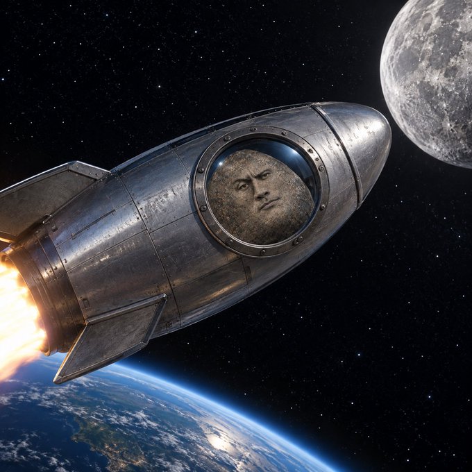A retro-style silver rocket ship with a face resembling the Man in the Moon through its porthole window flies through space with Earth and the Moon visible in the background.