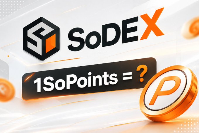 Promotional graphic for SoDEX asking '1 SoPoints = ?' with an orange 'P' coin icon and the SoDEX logo featuring a hexagonal orange and black cube.