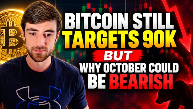 A YouTube thumbnail featuring a man in a dark shirt next to a Bitcoin logo, with text reading "BITCOIN STILL TARGETS 90K BUT WHY OCTOBER COULD BE BEARISH" against a falling chart background.