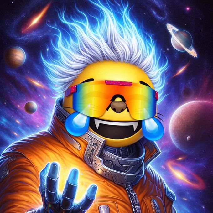 A digital illustration of an astronaut-like character wearing a yellow cat emoji mask with rainbow sunglasses, blue flame-like hair, and an orange jacket set against a cosmic background with planets.
