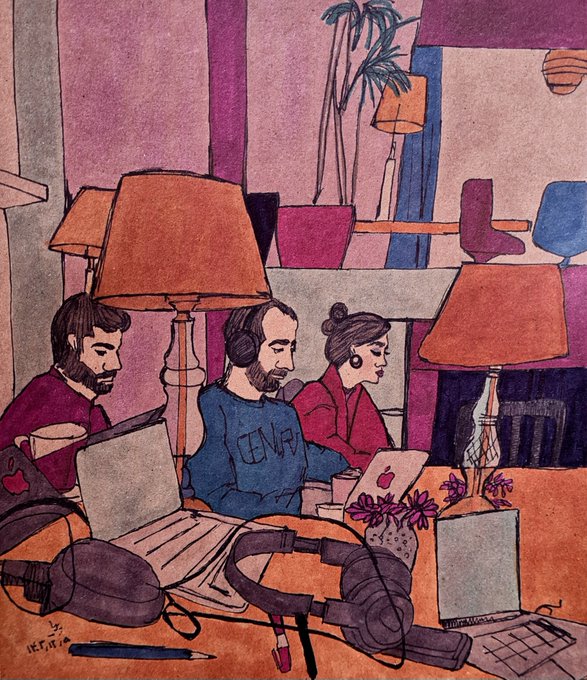 A watercolor illustration depicts three people working on laptops at a table surrounded by lamps and plants, with the word "ENV" visible on one person's blue sweater and the artist's signature "HEFTYG 3/3" in the corner. The image appears unrelated to the post about selling an NFT artwork called "The Girl with Tangerine spark."