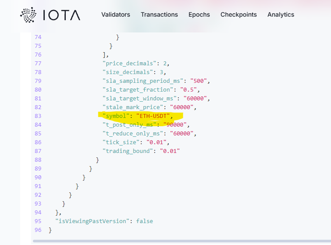 A screenshot of an IOTA blockchain explorer interface displaying JSON code with the highlighted trading pair symbol 'ETH-USDT', showing price decimals, SLA settings, and other trading parameters.