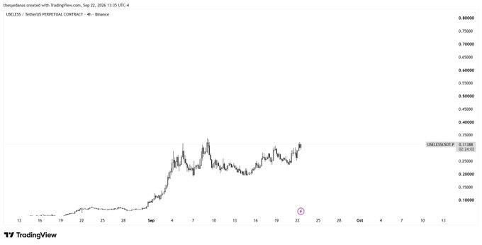 A TradingView chart for USELESS/USDT perpetual contract on Binance shows price action over September with the current price at 0.31388.