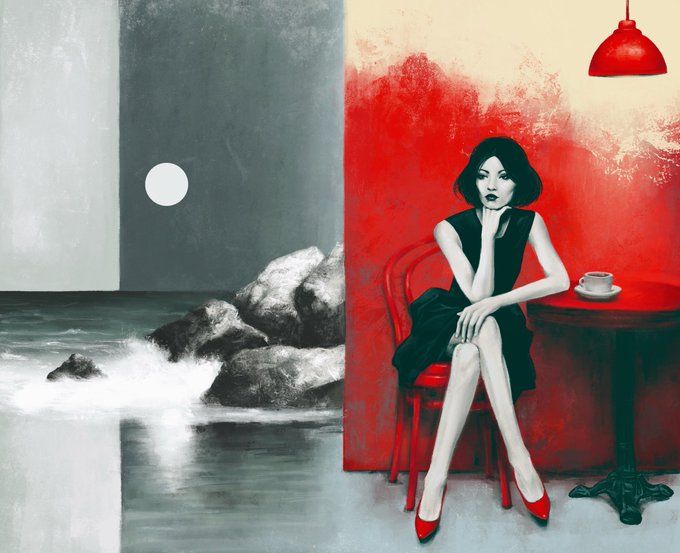 A split-composition painting featuring a grayscale rocky seascape on the left and a woman in a black dress sitting at a red cafe table on the right.