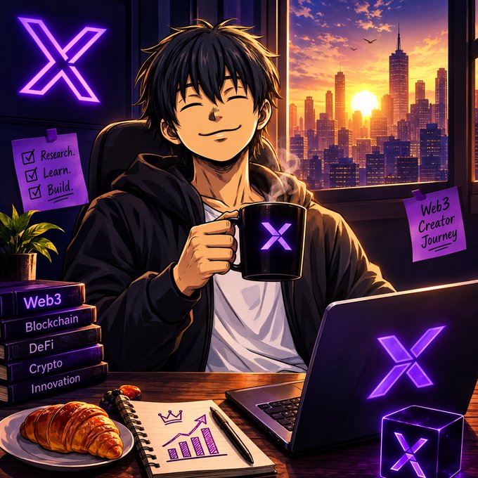 An anime-style illustration of a smiling boy holding an 'X' branded mug, sitting at a desk with a laptop, books labeled 'Web3', 'Blockchain', 'DeFi', 'Crypto', and 'Innovation', alongside notes reading 'Research. Learn. Build.' and 'Web3 Creator Journey'.