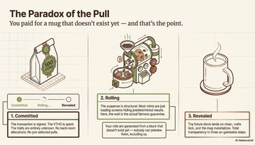 An infographic titled 'The Paradox of the Pull' explaining a money illusion trick in three steps: '1. Committed', '2. Rolling', and '3. Revealed', using illustrations of dice and coffee mugs.