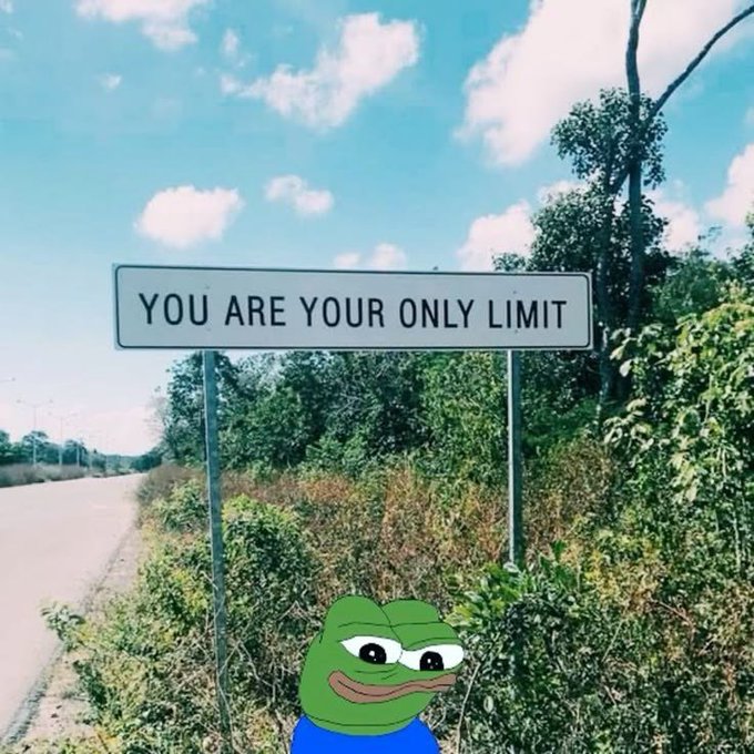 Pepe the Frog stands beneath a roadside sign reading "YOU ARE YOUR ONLY LIMIT," adding an inspiring twist to a cheerful "Gm" greeting.