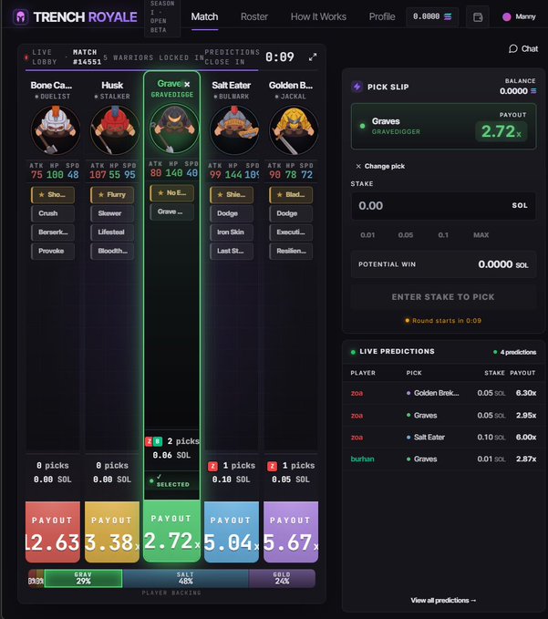 The image shows a screenshot of a game interface featuring four columns filled with data, each representing a player's attributes such as health, strength, and armor quality. The players are displayed alongside their corresponding names like "BONE", "COFFEE", "BONUS CREDIT", and "PICKSLIP". The game pays out in the form of ether or solana chain, with an estimated balance showing up on the screen. The main focus is to predict which player will win based on the given attributes of the players in this particular match.