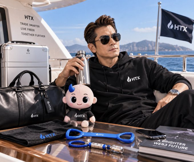 A promotional image for HTX cryptocurrency exchange featuring a man in sunglasses and HTX apparel relaxing on a yacht, surrounded by HTX-branded merchandise including luggage, a duffel bag, and a plush mascot.