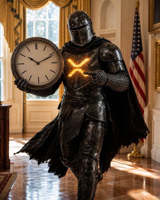A knight in dark armor with a glowing XRP symbol on his chest holds a clock, symbolizing the crypto's enduring strength over time.

The image reinforces the post's message of patience and conviction, portraying XRP as an armored warrior who keeps time on his side—a fitting visual for the call to HODL and trust in the long-term reason for investing.