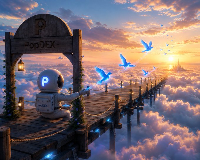 A whimsical digital artwork of an astronaut with a 'P' helmet logo sitting on a wooden bridge labeled 'PopDEX' above the clouds at sunset, with glowing blue birds flying toward the sun.