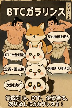 A Japanese illustration titled "BTCガバランス" (BTC Balance) depicts sumo wrestlers and cute rabbit mascots highlighting key catalysts for Bitcoin adoption, including ETF and pension fund inflows, corporate/sovereign reserves, taxation frameworks, and scheduled BTC halvings, with the caption "実成対は、ETF、企資金で、次切りしにカガリス！" reinforcing the post's message about slow-burn catalysts compounding into major market impact.