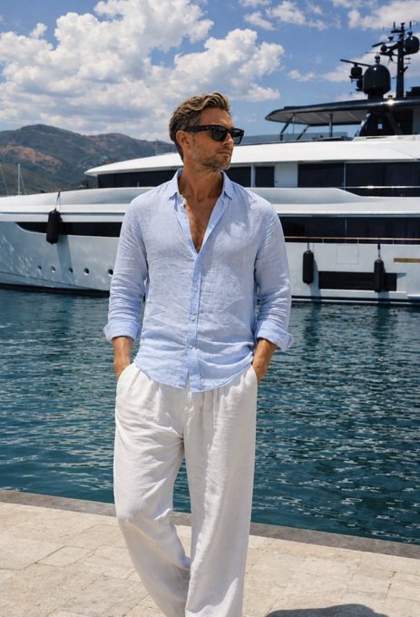 A man in a light blue linen shirt and white pants stands confidently at a marina with a luxury yacht behind him, projecting the affluent, leisure-driven image often associated with high-stakes crypto speculation and trading success.