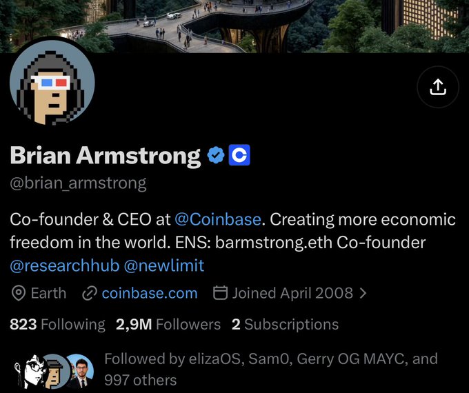 A Twitter/X profile page for Brian Armstrong (@brian_armstrong), Co-founder & CEO of Coinbase, showing 2.9M followers and joined April 2008.