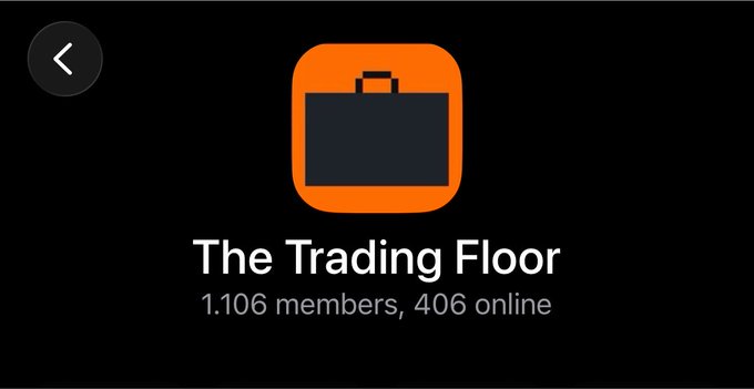 A digital group page titled "The Trading Floor" shows 1,106 members with 406 currently online, featuring a distinctive orange and black briefcase icon. The post teases a major upcoming announcement involving the "@clockincoin" ticker, suggesting members of this active trading community should prepare for significant developments.