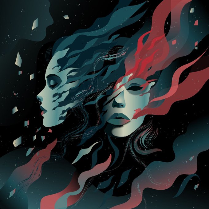 Stylized digital artwork featuring two faces in profile, one in cool blue tones and the other in warm red tones, blending into flame-like hair.