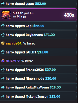 A streaming chat log shows multiple tip notifications from user "herro," including $82.00 to gspot and a highlighted message reading "hidden just hit on Mines" with a 458x multiplier. The image illustrates the user's claim of having tipped over $10,000 to active players in ~70 days using the "HERRO" code on yeet.