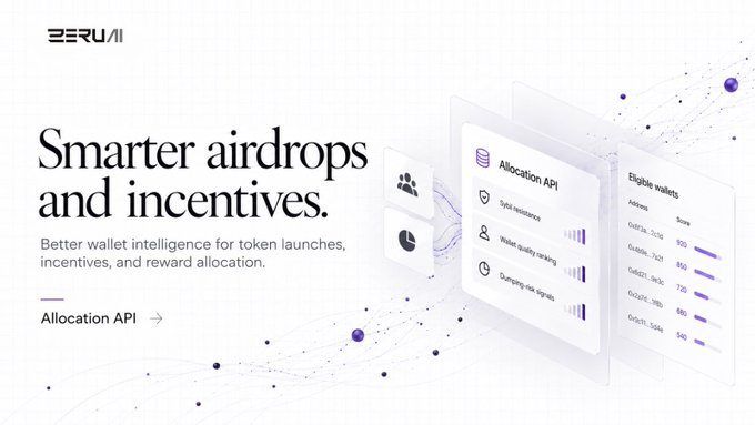 A clean white promotional graphic reads “Smarter airdrops and incentives.” and describes an “Allocation API” with wallet intelligence features such as Sybil resistance and wallet quality scoring.