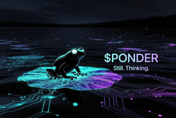 A promotional image featuring a glowing frog on a circuit-board lily pad with the text '$PONDER Still. Thinking.' against a purple and teal cyberpunk background.
