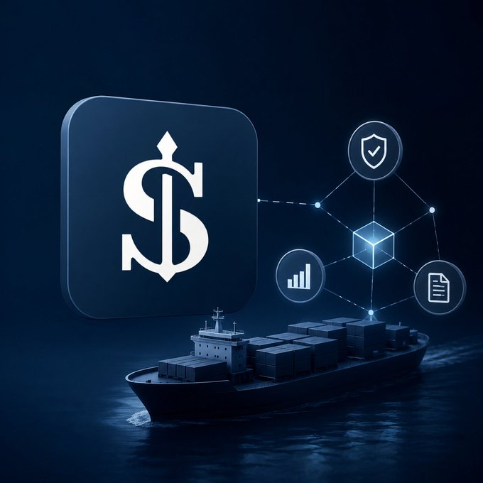 A digital illustration featuring a dollar sign in a rounded square, a cargo ship, and interconnected icons representing security, analytics, and documents, symbolizing global trade and finance.