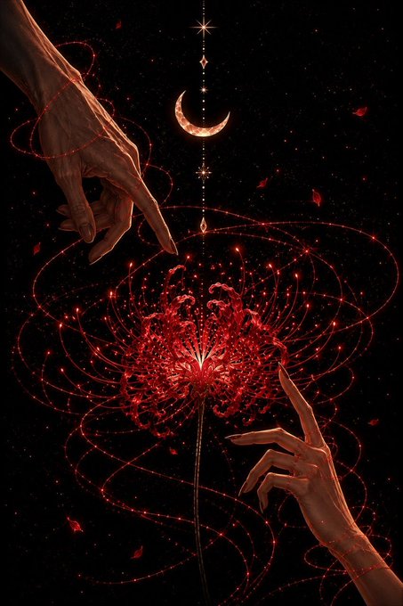 A dark, mystical digital illustration showing two hands reaching toward a glowing red rose-like mandala, with a crescent moon and stars above.
