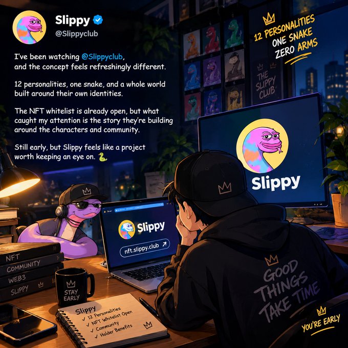A promotional graphic for an NFT project called 'Slippy' (@Slippyclub), highlighting '12 personalities, one snake, zero arms' with an illustrated character at a desk using a laptop showing nft.slippy.club.
