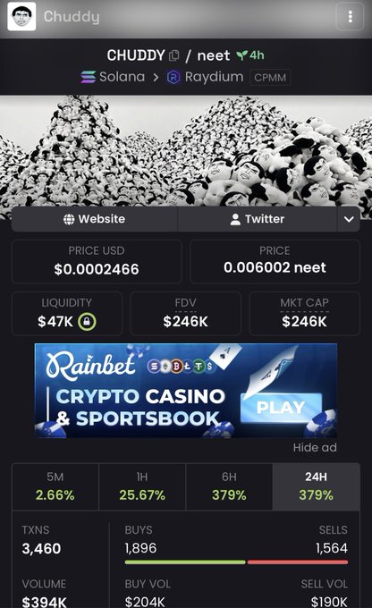 A mobile screen showing the CHUDDY token (CHUDDY/neet) on Raydium CPMM via Solana, priced at $0.0002466 USD / 0.006002 neet with $47K liquidity, $246K FDV/Market Cap, and 24H performance showing 379% gains.