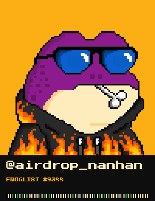 Pixel art of a character wearing a purple frog hat with sunglasses and a flaming hoodie, accompanied by the text '@airdrop_nanhan' and 'FROGLIST #9388' on an orange background.