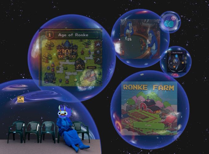A blue alien mascot sits among chairs beneath floating space bubbles showcasing various game scenes, including "Age of Ronke" and "Ronke Farm," visually celebrating $RONKE's bullish entry into the gaming universe.