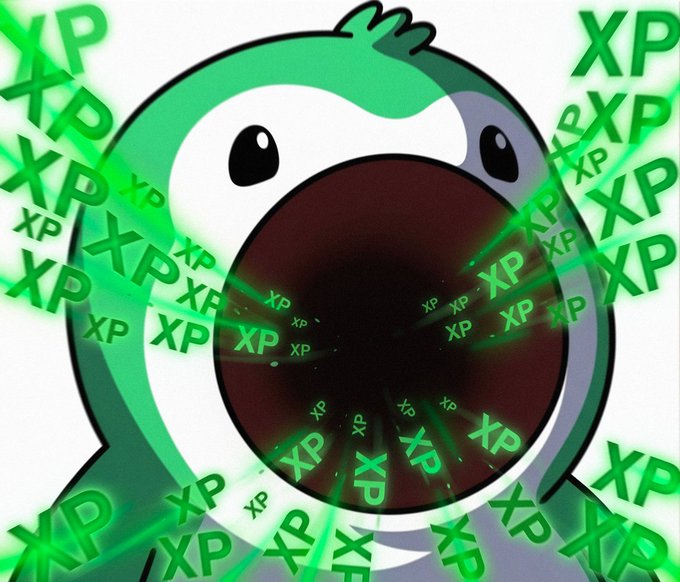 The image features a cartoon penguin with its mouth wide open, surrounded by green letters that spell out "XP" and "XP". The penguin appears to be eating something or making a funny face as if it's enjoying itself. The background of the image is white, which contrasts nicely with the green letters and makes them stand out more. The post includes a caption that reads: "The best day of the week is back! Happy XP Day and wishing you lots of XP on @AbstractChain".