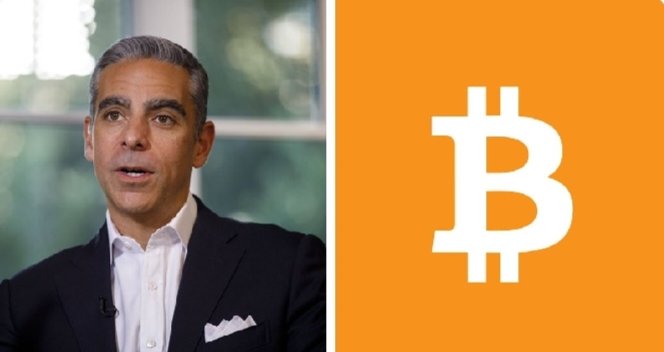 A composite image featuring a man in a dark suit speaking in an interview setting on the left, alongside the iconic orange Bitcoin "₿" logo on the right, illustrating the social media post advocating for the U.S. to liquidate its gold reserves in favor of purchasing Bitcoin, citing commentary from a former PayPal executive.