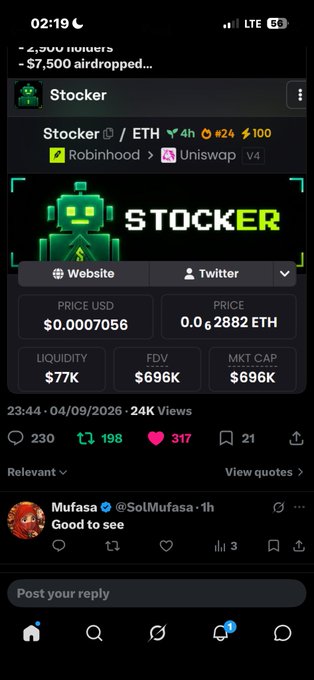 A smartphone screenshot of a crypto tracker app showing 'Stocker' token on Ethereum/Robinhood/Uniswap with a price of $0.0007056, FDV $696K, and a reply from 'Mufasa @SolMufasa' saying 'Good to see'.