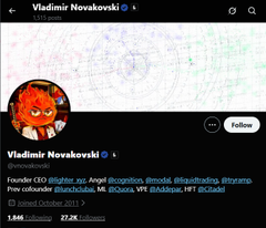 The image shows Vladimir Novakowski's Twitter profile, featuring a custom red fire creature NFT as his profile picture, with his bio identifying him as Founder CEO of @lighter_xyz and Angel for @cooperios, @modé, @dazabrea, and @trank, and the pinned tweet from October 2021.
