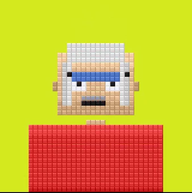 A pixel art portrait of an older man with white hair, a thick white beard, and blue-tinted sunglasses, wearing a red checkered shirt against a bright yellow-green background.