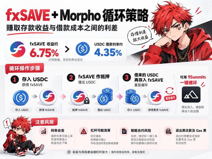A Chinese-language infographic explaining the 'fxSAVE + Morpho' circular strategy, showing a 6.75% fxSAVE yield versus 4.35% USDC borrowing rate with a red-haired anime character mascot.