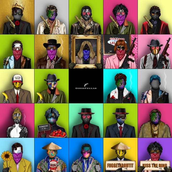 The image features a grid of 16 distinct portraits of people wearing masks or bandanas, each with their own unique style and pose. The masks are predominantly black and purple, creating an artistic and visually striking effect. The portraits include individuals from various walks of life, such as artists, musicians, and even a gunsmith. The post is titled "@GoodFellasNFT" and includes the hashtag #FoggyFoggyFellas.