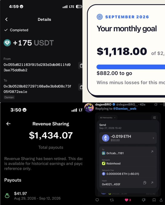A collage of crypto transaction screenshots and revenue sharing details from September 2026, showing a completed transaction of +175 USDT between wallet addresses, monthly earnings progress of $1,118.00 of $2,000, total revenue sharing payouts of $1,434.07, and a 0.019 ETH Robinhood network send, visually supporting the recap's claims of three-figure monthly income, crypto payments, and NFT/affiliate earnings.