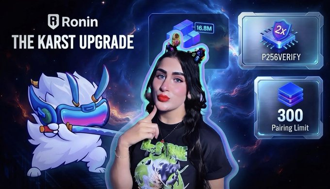A promotional image for 'Ronin THE KARST UPGRADE' features a woman in a black graphic t-shirt pointing at her cheek, beside a blue and white creature mascot, with stats showing '2x P256VERIFY' and '300 Pairing Limit'.