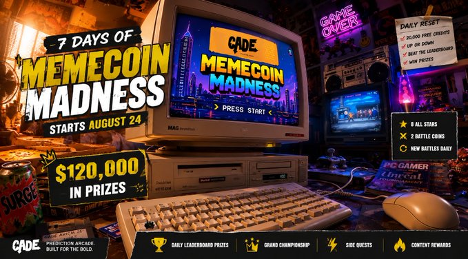 Retro-style promotional graphic for '7 Days of Memecoin Madness' starting August 24, featuring a vintage computer monitor displaying the event with $120,000 in prizes, hosted by CADE.