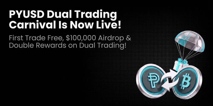 The image is a promotional banner announcing "PYUSD Dual Trading Carnival Is Now Live," offering a first free trade, a $100,000 airdrop, and double rewards on dual trading, featuring stylized icons of PYUSD and Bitcoin tokens attached to a parachute. It visually supports the post's announcement of BTC/PYUSD and ETH/PYUSD trading launching with scratch card rewards and cashback incentives.