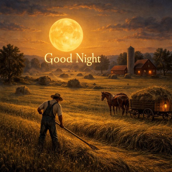 An illustrated pastoral scene features a farmer with a scythe, horses pulling a hay wagon, a barn, a silo, and a full moon with the text 'Good Night'.