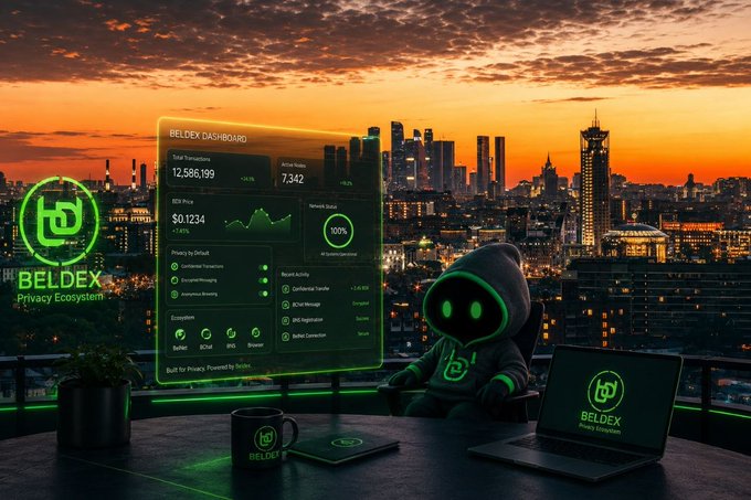 A digital rendering showing the BELDEX Privacy Ecosystem dashboard with market stats, a mascot character, and a laptop displaying the logo against a sunset city skyline.