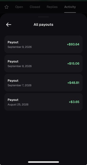 A mobile app screen showing 'All payouts' under the Activity tab, listing four payouts: +$93.64 (September 9, 2026), +$15.06 (September 8, 2026), +$48.81 (September 7, 2026), and +$3.65 (August 25, 2026).
