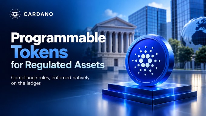 A promotional graphic features the Cardano logo and reads 'Programmable Tokens for Regulated Assets' with the tagline 'Compliance rules, enforced natively on the ledger.'