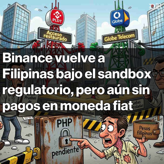 A Spanish-language illustration shows a distressed cartoon character holding a 'Pesos filipinos' bag, pointing at a lock labeled 'PHP pendiente', with PLDT and Globe Telecom towers in the background. The text reads 'Binance vuelve a Filipinas bajo el sandbox regulatorio, pero aún sin pagos en moneda fiat' (Binance returns to the Philippines under the regulatory sandbox, but still without fiat currency payments).