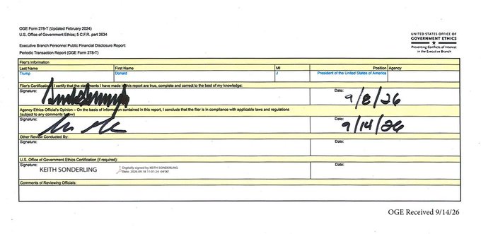 An image of an OGE Form 278-7 Periodic Transaction Report filed on 9/8/26 listing purchases of Coinbase, Trump, and United States of America stocks by filer Trump in the role of President of the United States of America, alongside an Ethics Pledge review signed by Keith Sonderling and received by the Office of Government Ethics on 9/14/26.