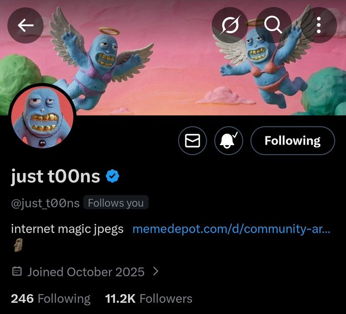 A Twitter profile page for "just t00ns" (@just_t00ns), a verified account with the bio "internet magic jpegs" and a link to memedepot.com, celebrating reaching 11.2K followers. The profile features a banner image of blue, winged cartoon characters with halos and gold teeth against a pink sky, and shows the account was joined in October 2025 with 246 following.