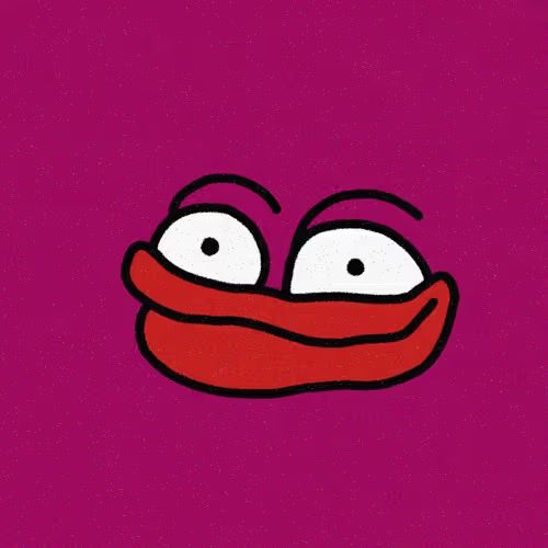 A simple cartoon drawing of a smiling face with red lips and large expressive eyes on a solid magenta background.