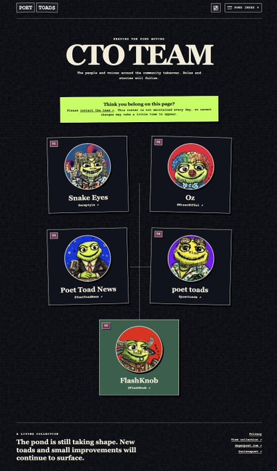 This image displays a "CTO TEAM" page featuring a grid of five avatars, prominently highlighting "Oz" (@OozamOfFals), alongside a green banner inviting users to "INSERT THE LINK HERE" to join the team, with a footer noting "The pond is still taking shape."